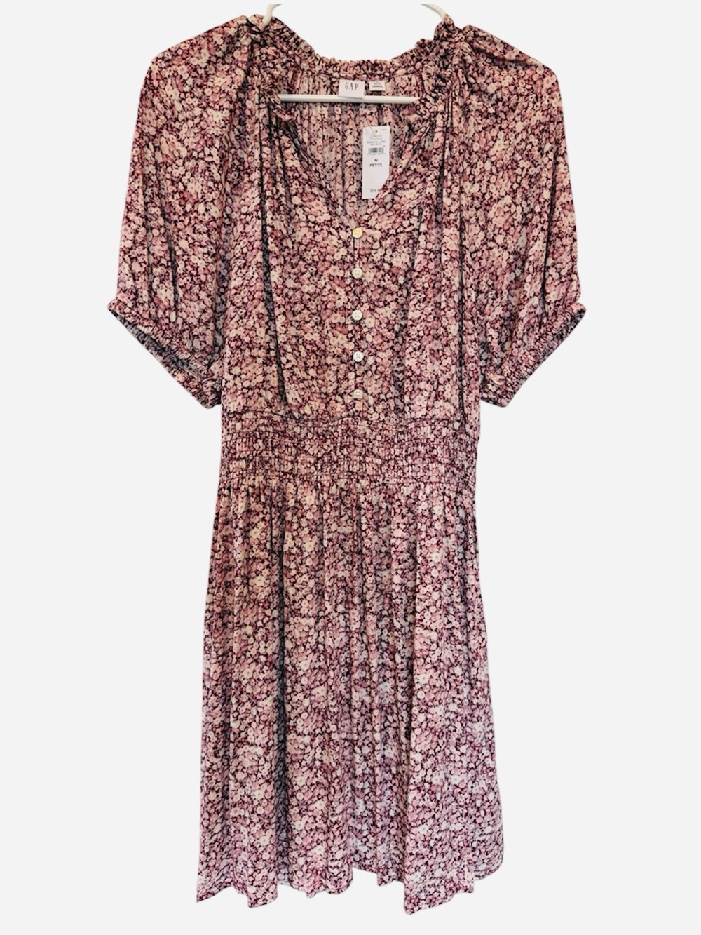 GAP Pink Floral Button-Front Smocked Mini Dress